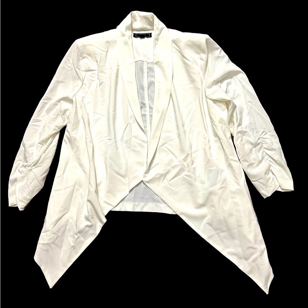 White blazer style sweater, sheer, bright white and quarter sleeve M